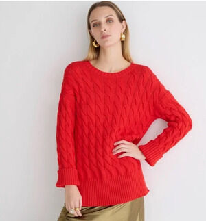 J. Crew Red Cotton Cable Knit Heavy Sweater Size L-XL Side Slit Crewneck Classic